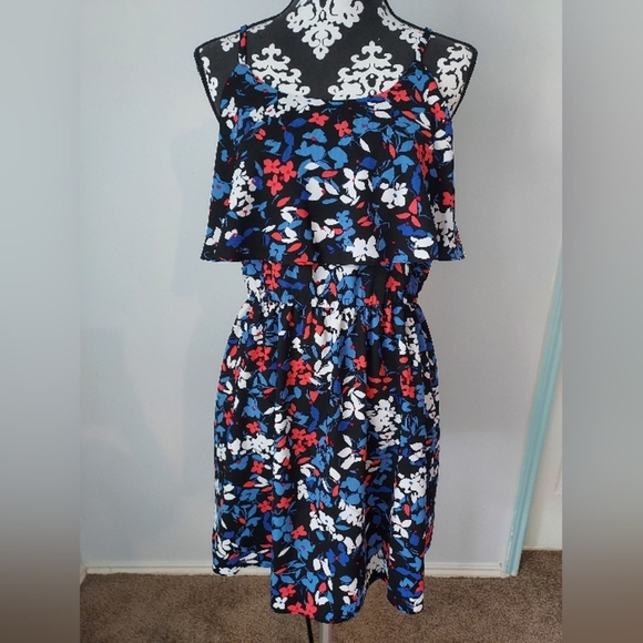 ELLE Blue Wildflower Print Elastic waist Summer Dress size M - Picture 9 of 10